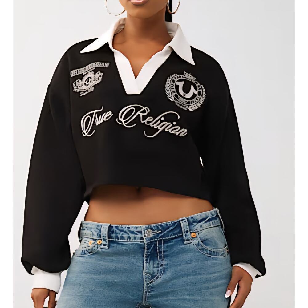 True Religion Embroidered Shrunken Polo Pullover, Black, Retail 134 USD - Picture 3 of 13